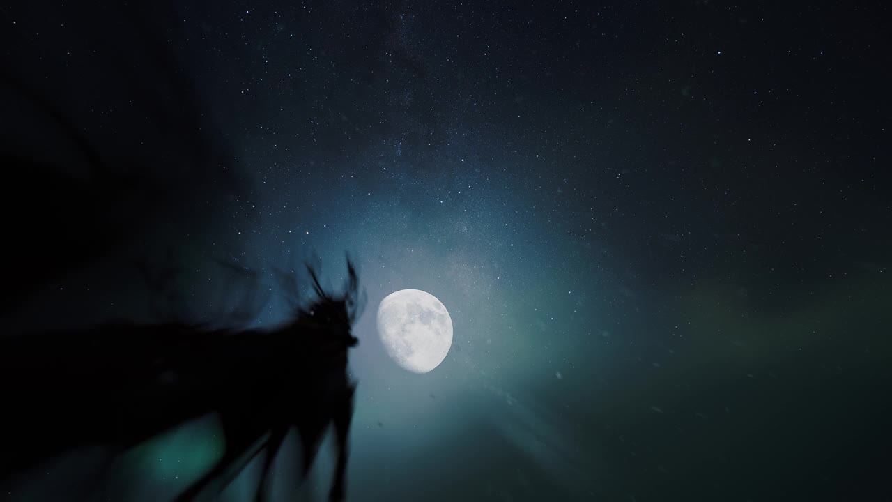 圣诞老人和他的驯鹿坐着雪橇飞行。圣诞老人送礼物。动态3d动画。