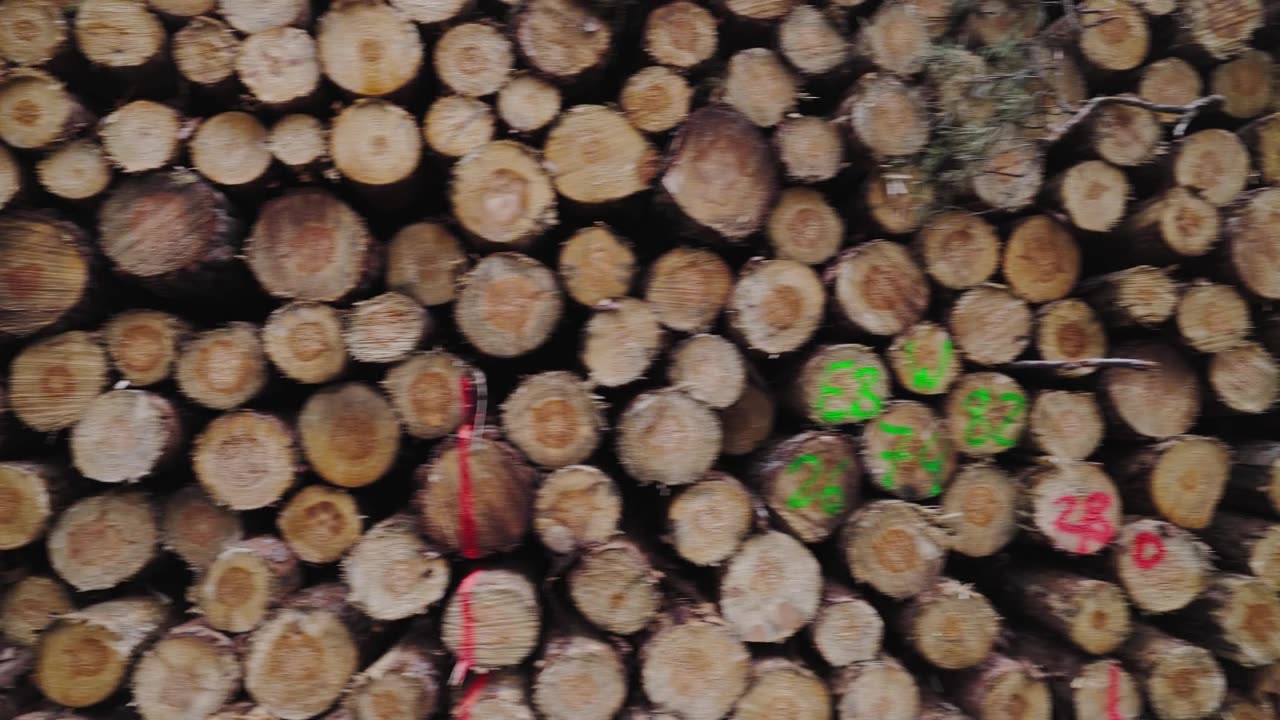 详情图-林木树干桩，采伐木材工业用材。沿着道路砍树。堆叠日志。秋天的林地背景。阳光明媚的森林。全球变暖，种植，