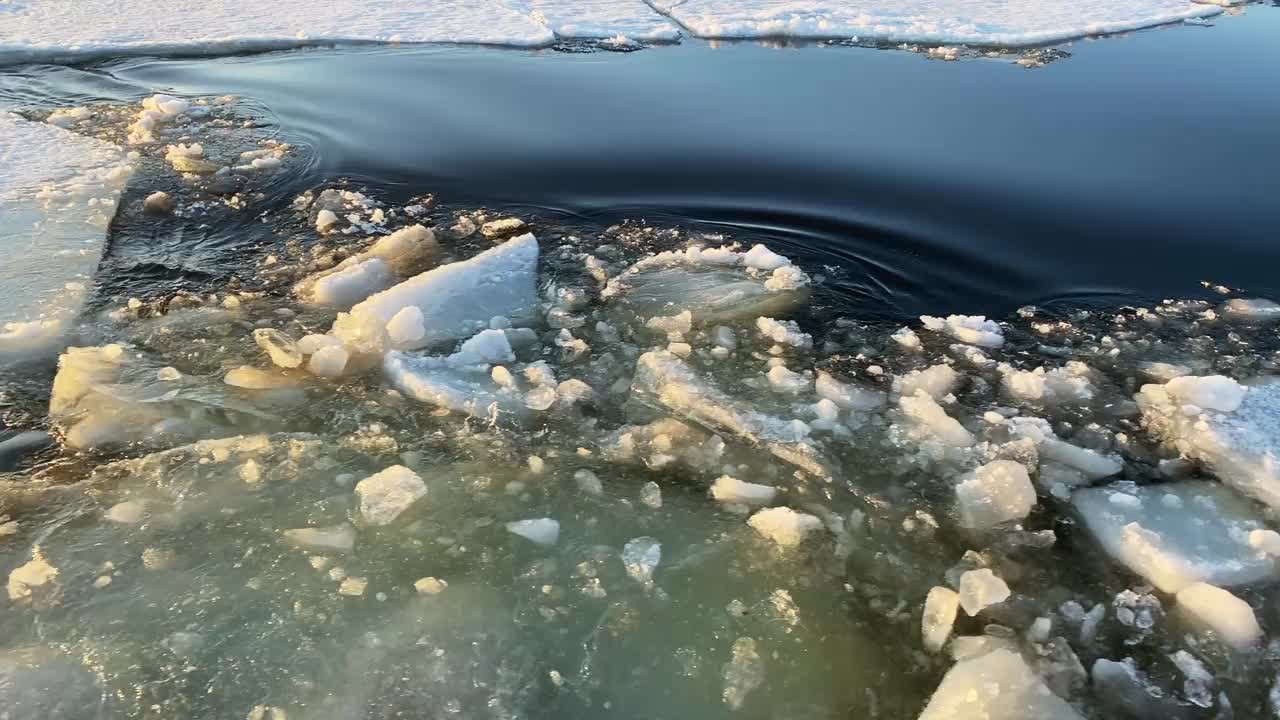 浮冰漂移过程中破碎的浮冰的运动。浮冰漂移过程中破碎的浮冰的运动。沿着河床射击