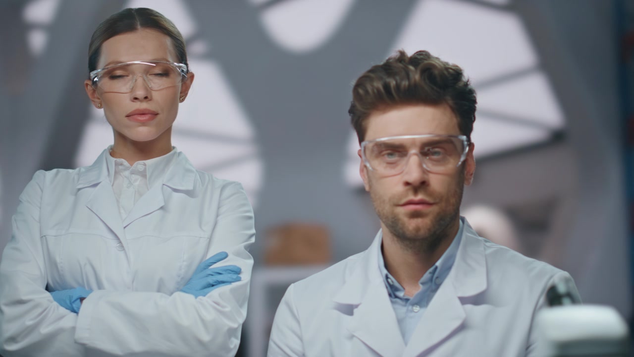 詳情圖-嚴肅的兩位醫生穿著制服在微生物實驗室擺姿勢近距離觀察。
