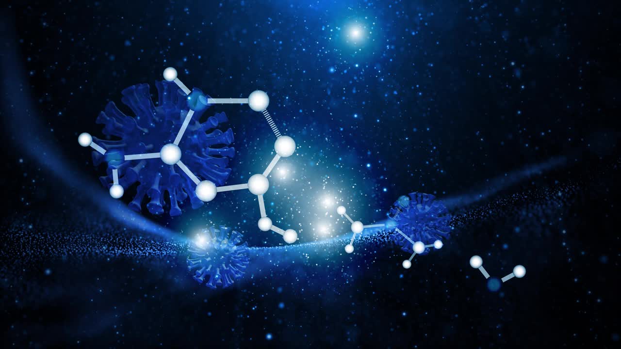 抽象背景上的艺术冠状病毒和六边形分子。