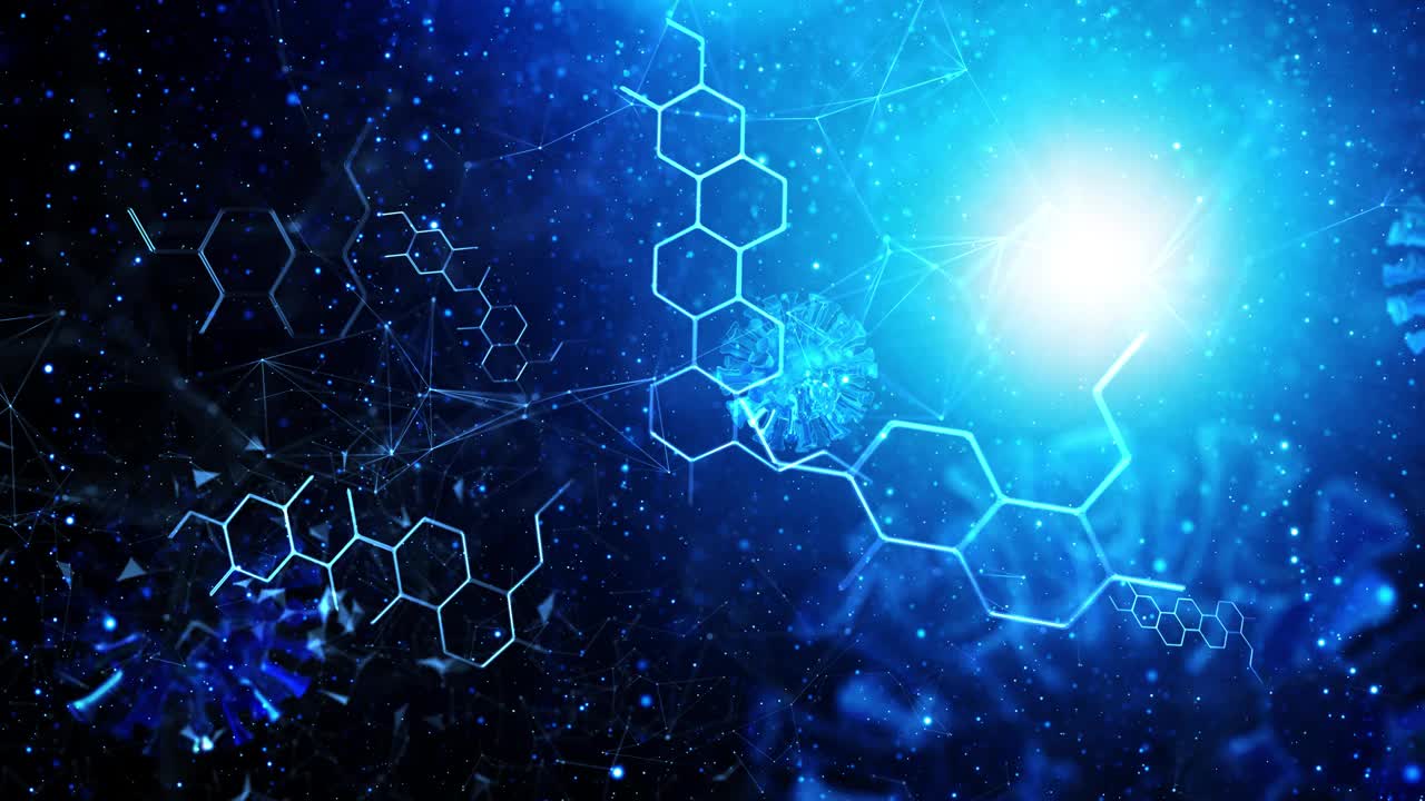 现代抽象化学分子与covid-19冠状病毒动画复制空间蓝色背景