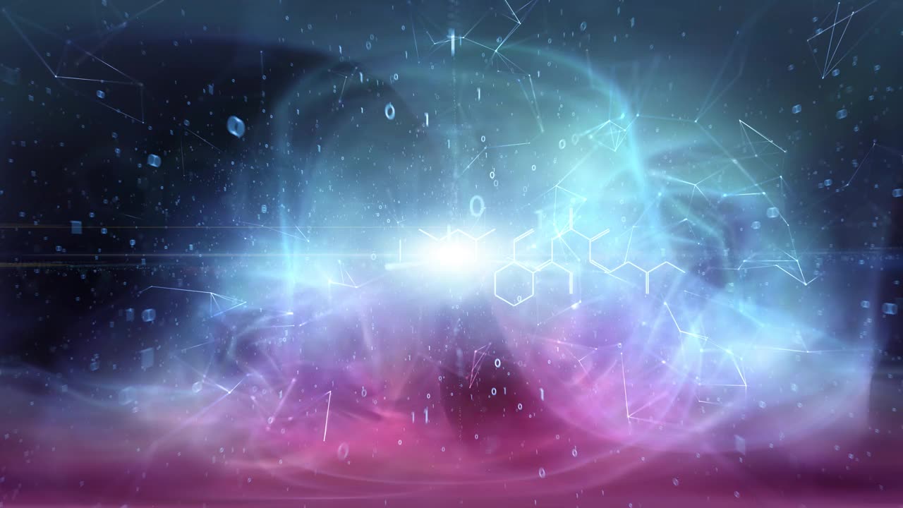 现代闪亮抽象化学六边形分子与二进制代码数字动画复制空间蓝色背景。