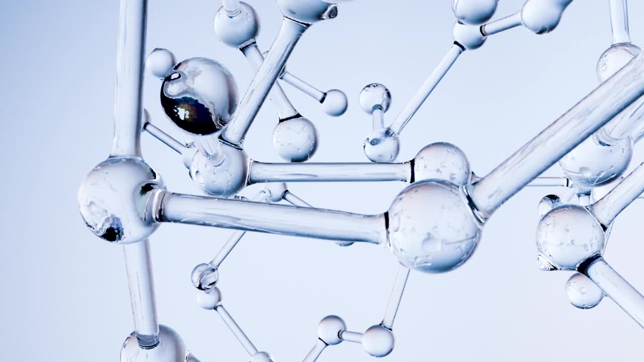 分子或血清或原子，化学液体面霜，胶原蛋白透明水晶优质血清和维生素护肤，精华球分子，逼真的科学，原理图氢，水，3d渲染