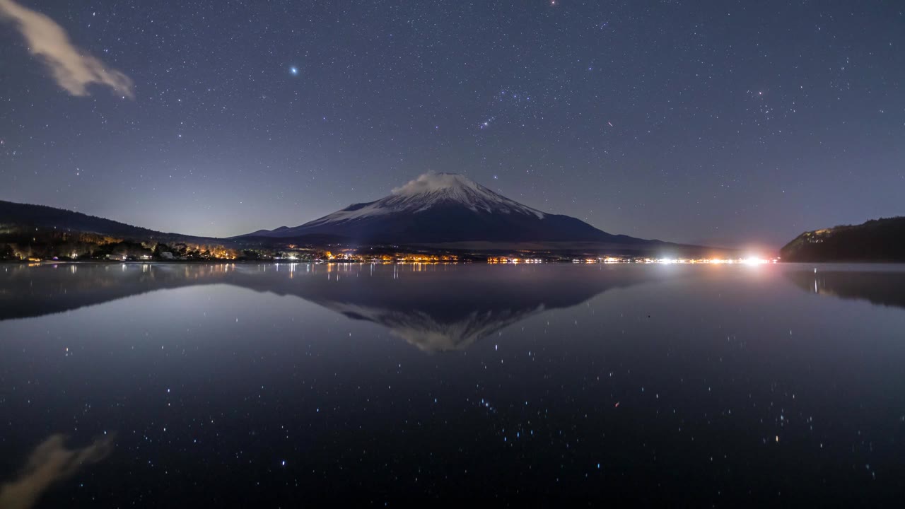 详情图-冬天的星空山中湖水面上反射出的延时