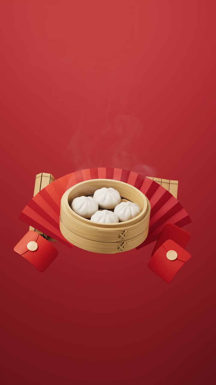 中国食品包子在食品蒸笼，三维渲染。