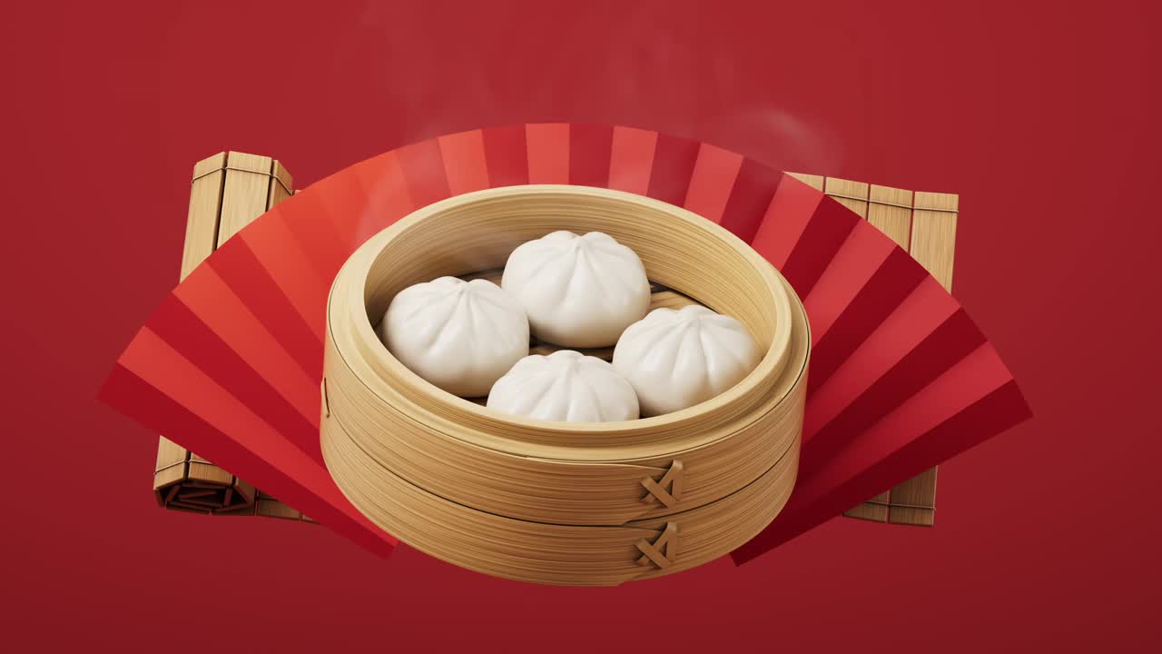 中国食品包子在食品蒸笼，三维渲染。