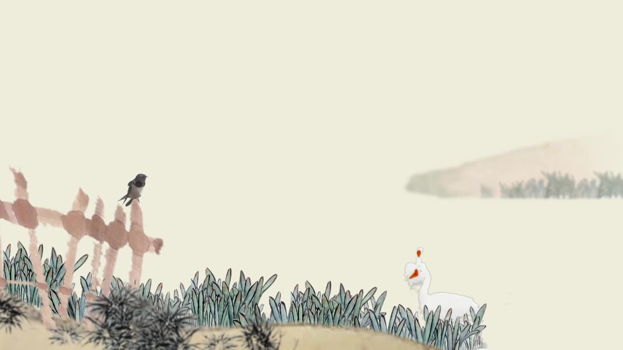 详情图-春天，燕子栖息在篱笆上，鹅在河里