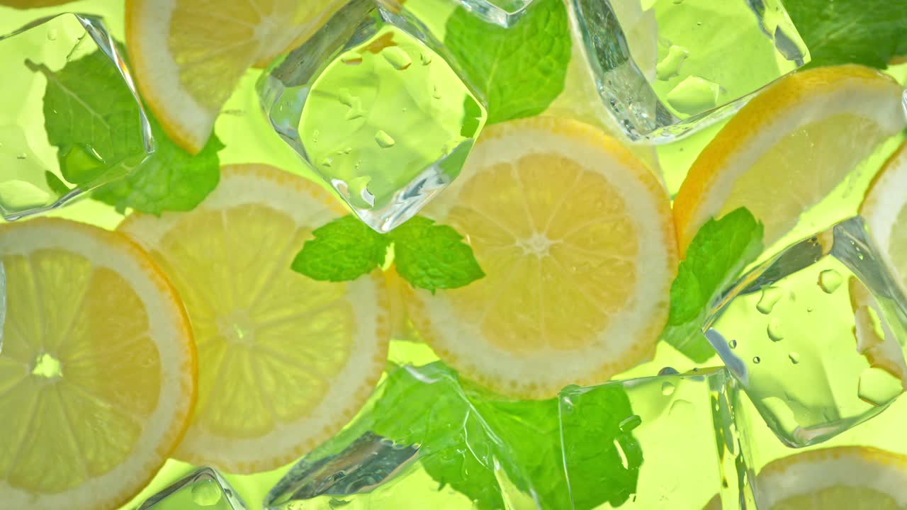 以1000帧/秒的速度拍摄水波溅在柠檬片和冰块上的超级慢动作。