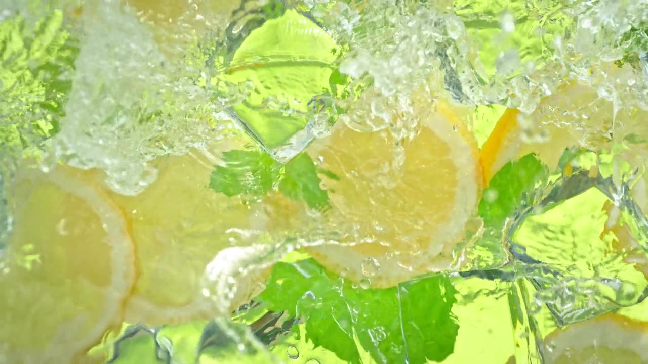 詳情圖-以1000幀/秒的速度拍攝水波濺在檸檬片和冰塊上的超級慢動作。
