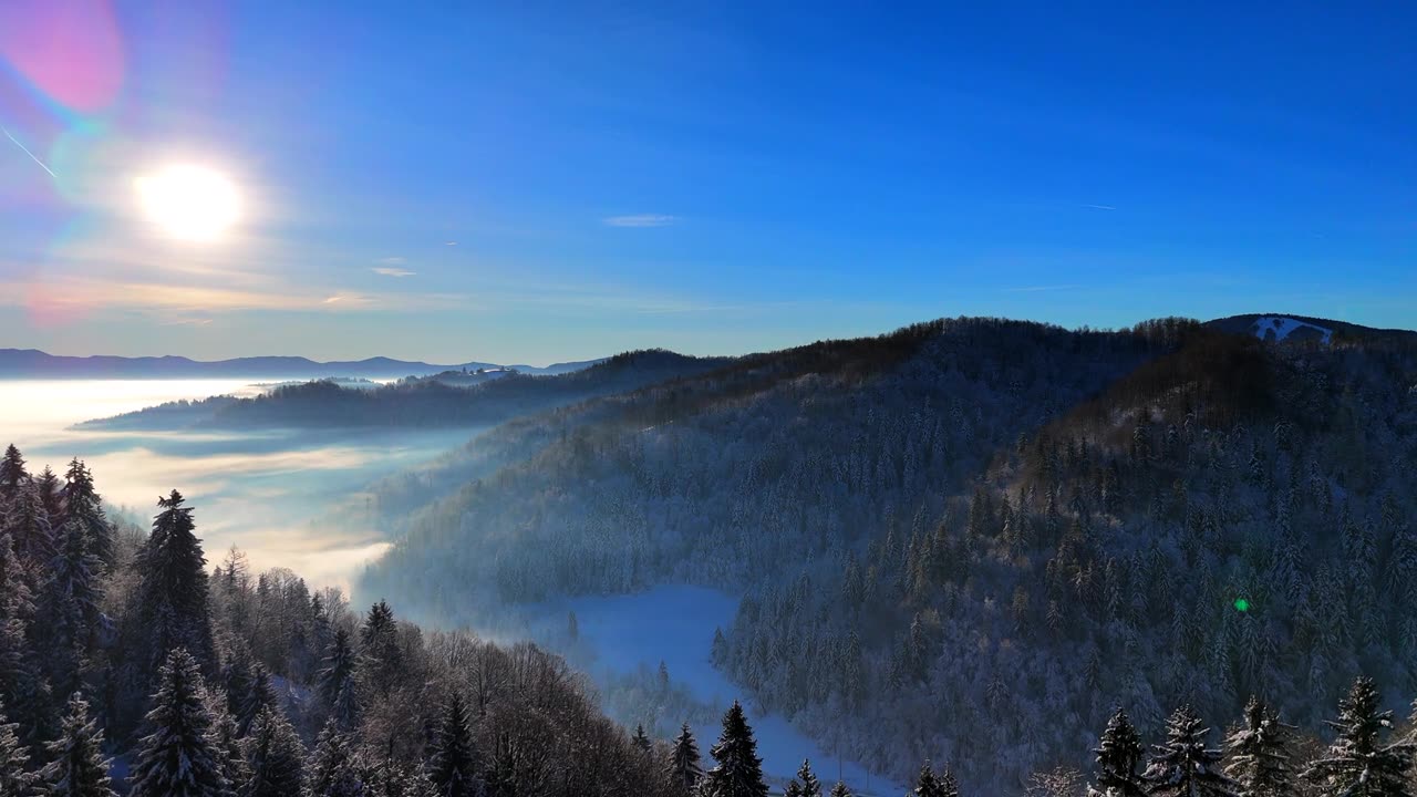 詳情圖-冬日里一個陽光明媚的日子里，白雪覆蓋的森林和霧氣彌漫的山谷上空