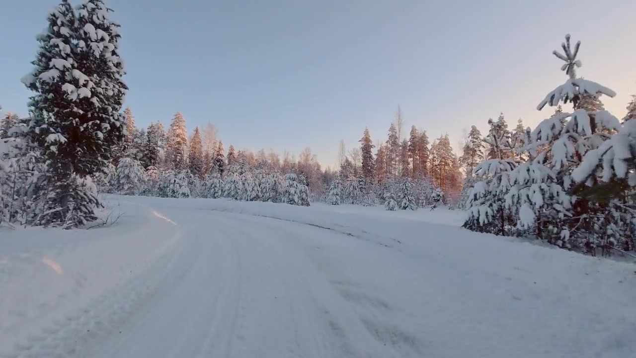 详情图-风景优美的POV驾驶在冰雪覆盖的冬季森林芬兰阳光景观