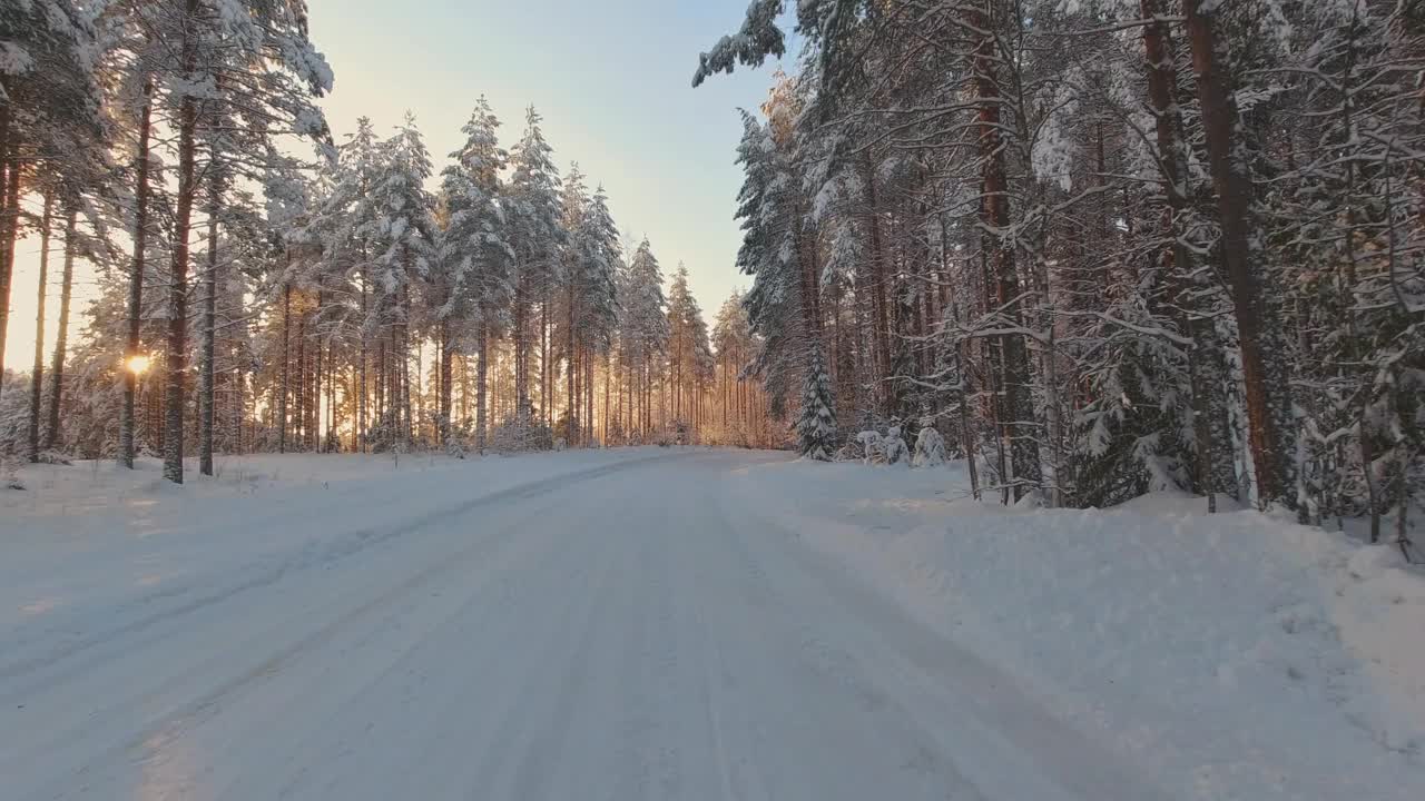 冬季驾驶POV在积雪覆盖的森林道路突出的阳光