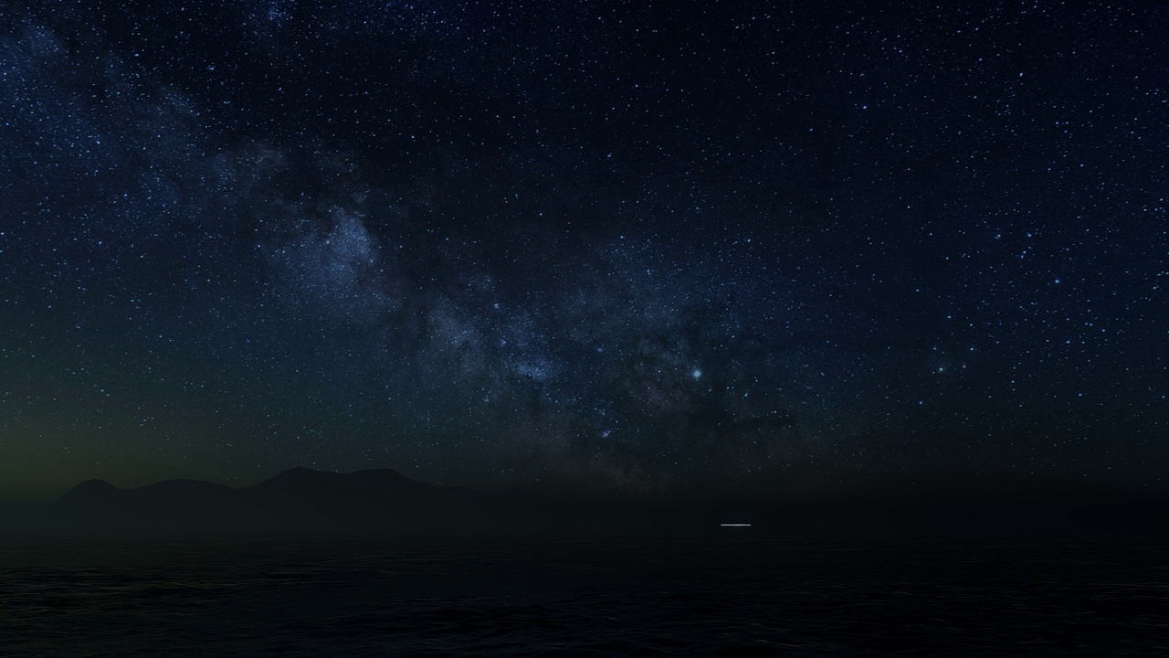 3 d演示。UFO在海面和波浪上，在一个星夜，山脉在地平线上。