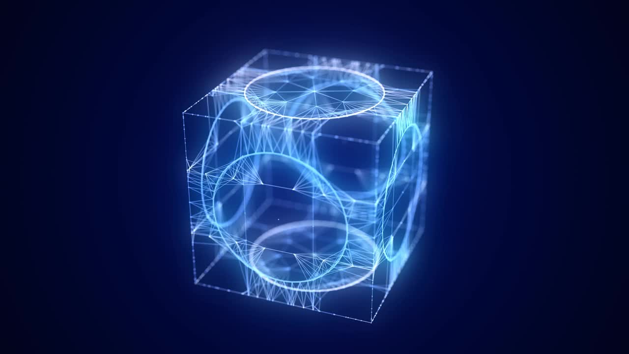 3D未来的几何立方体与蓝点和线。抽象线框图区块链。科学背景。结构技术网络连接。Ai在黑暗的网络空间背景下。3 d渲染。