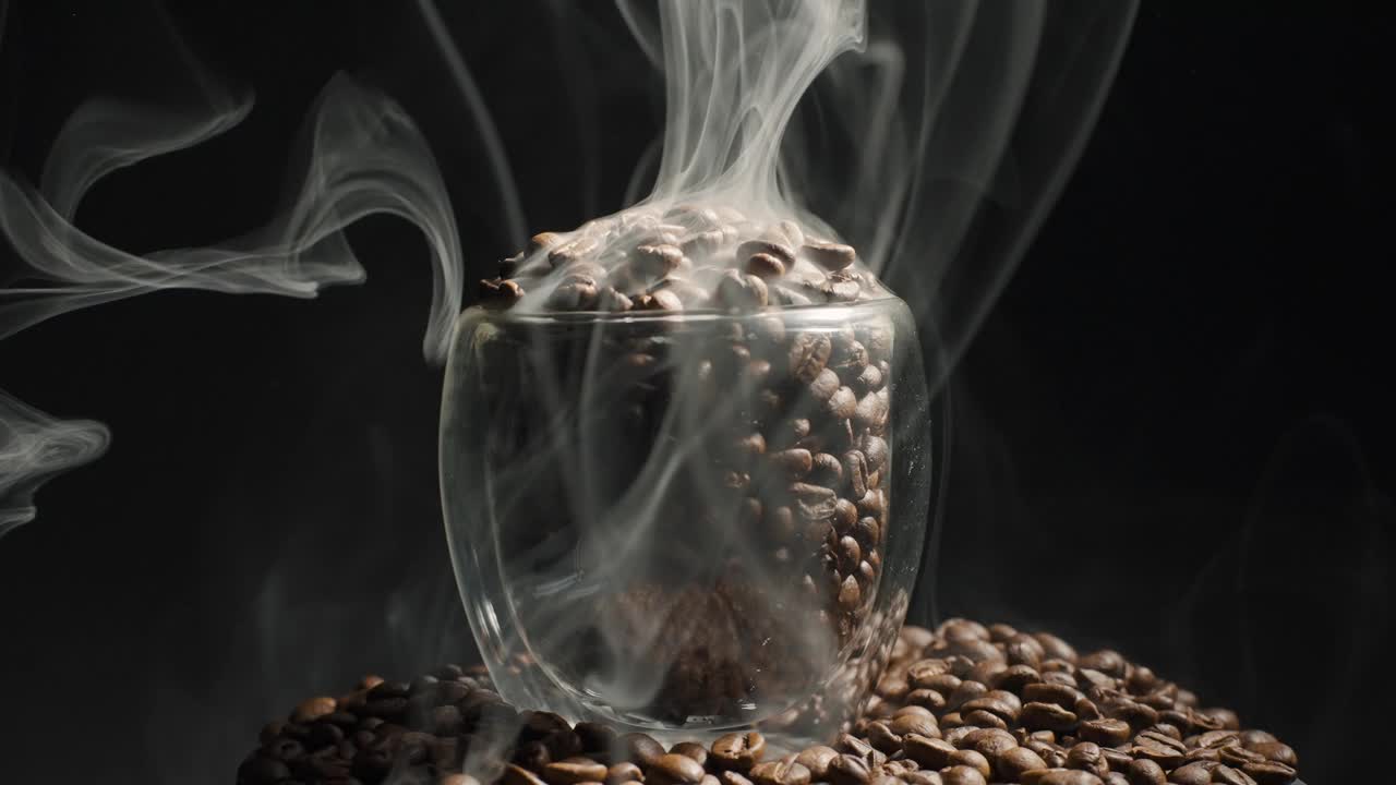 芳香的咖啡豆在杯子里旋转。一堆带烟的咖啡豆