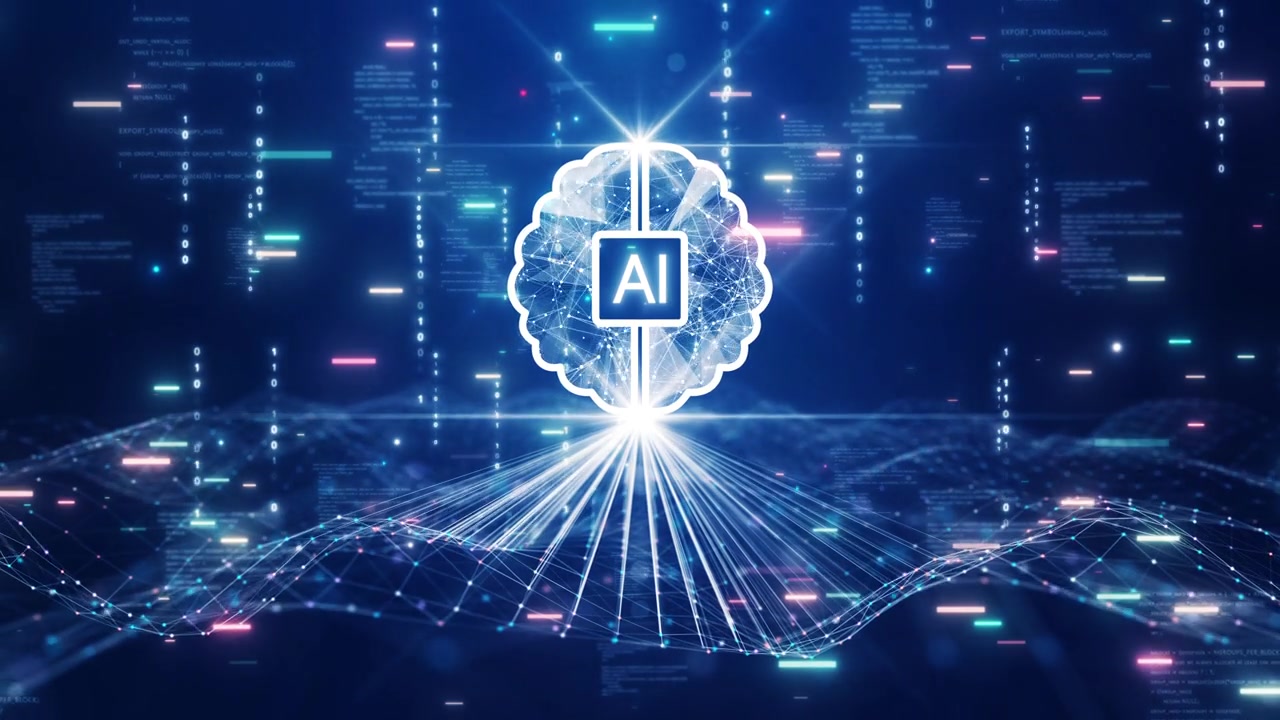 詳情圖-人工智能(AI)技術(shù)概念。大數(shù)據(jù)采集連接智能大腦，實(shí)現(xiàn)深度機(jī)器學(xué)習(xí)。摘要二進(jìn)制代碼多邊形在深藍(lán)色的背景。