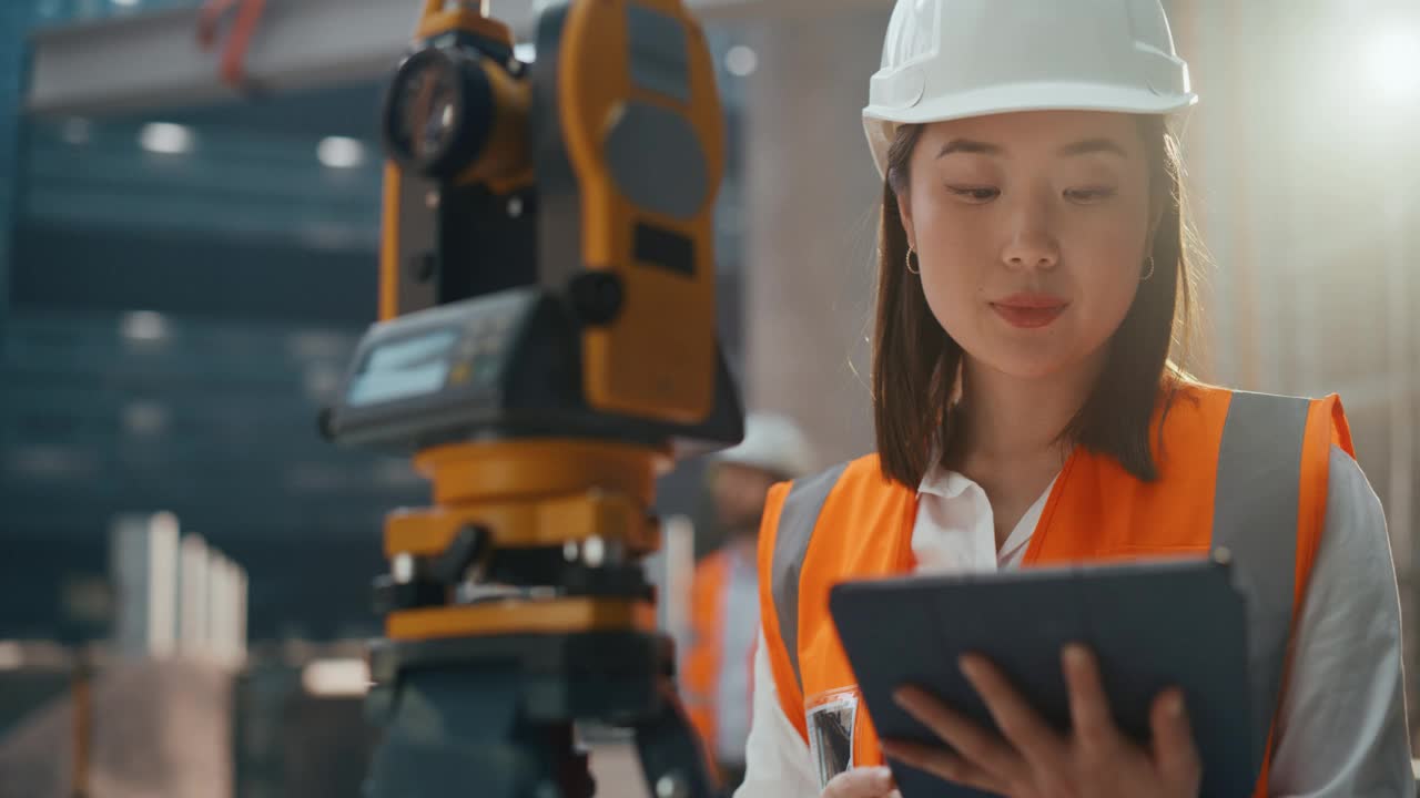 一个美丽的日本女工程师与光学测量设备工作的肖像。年轻的亚洲妇女站在户外，用经纬仪规划和开发房地产项目
