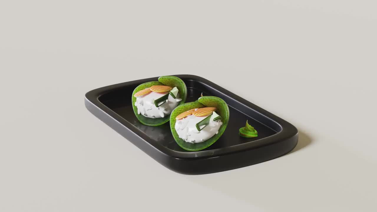 3d天明寿司，米饭，鲑鱼，黄瓜，海藻在旋转托盘上，日本食物孤立的概念，3d渲染插图