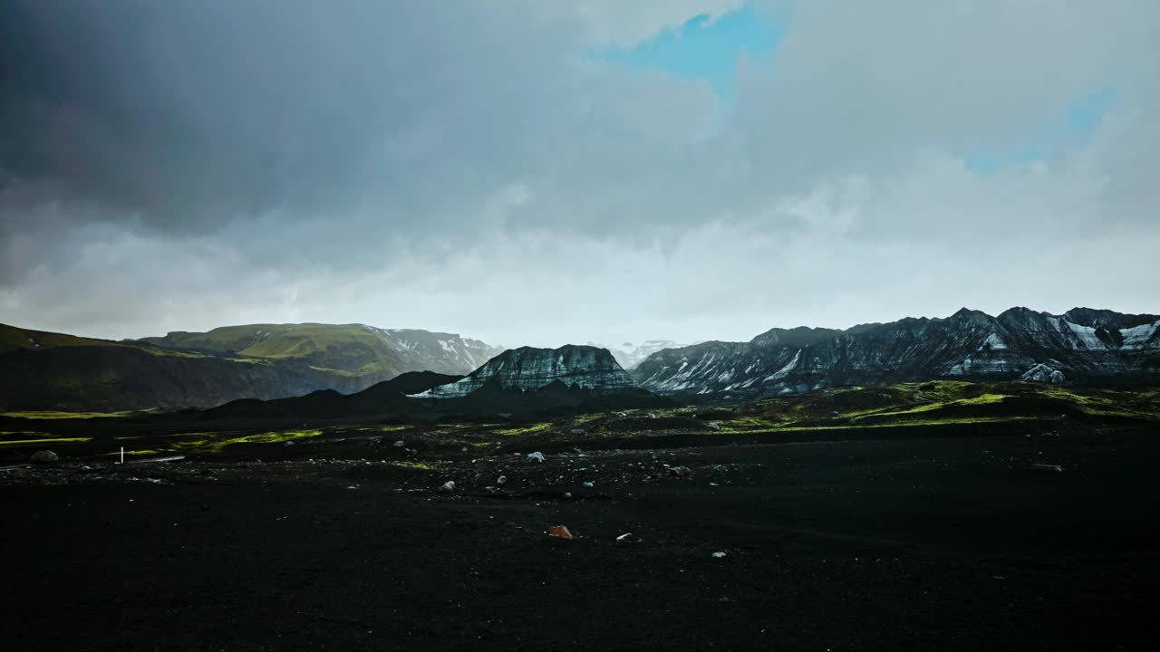 冰岛火山景观全景。远处雄伟的Myrdalsjokull冰川。冰岛南部。后沙地形。