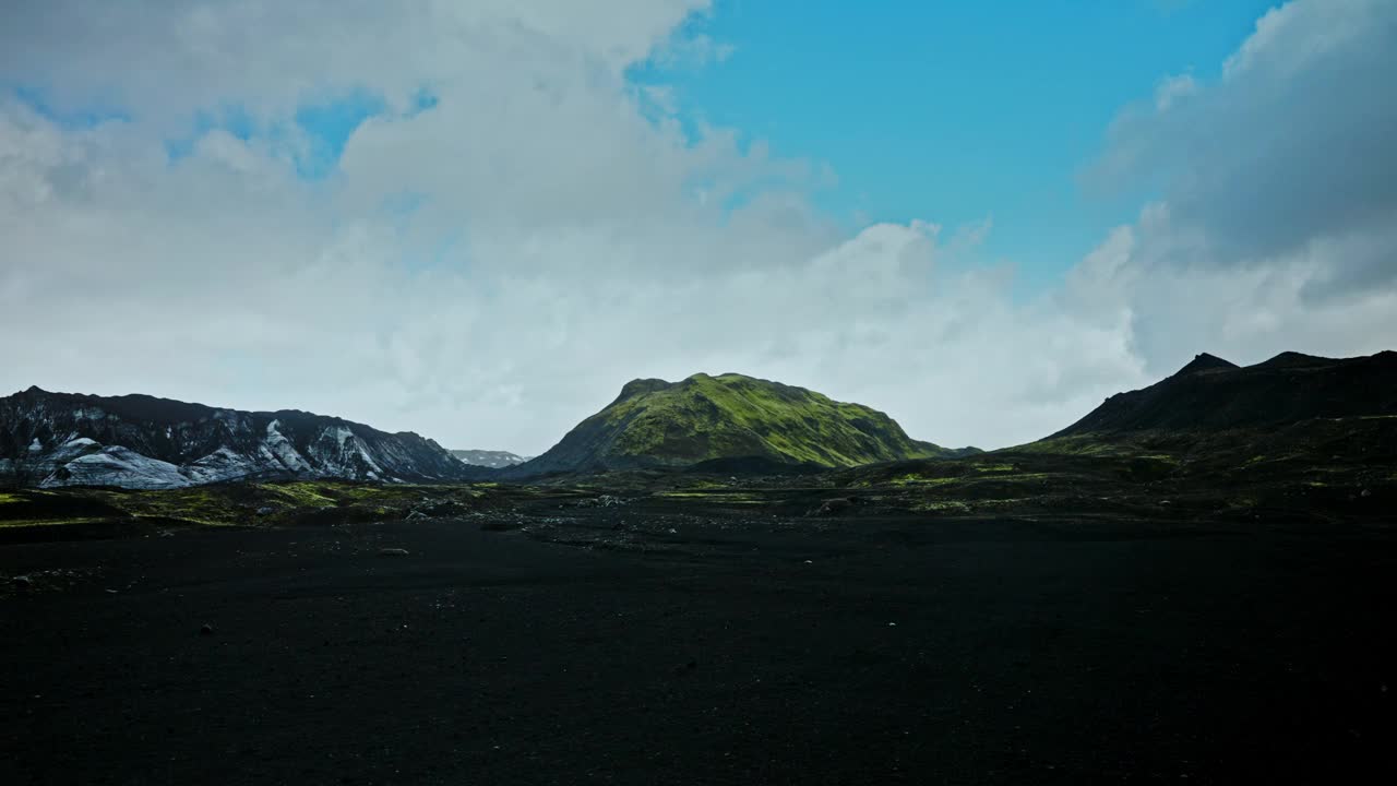 冰岛火山景观全景。远处雄伟的Myrdalsjokull冰川。冰岛南部。后沙地形。