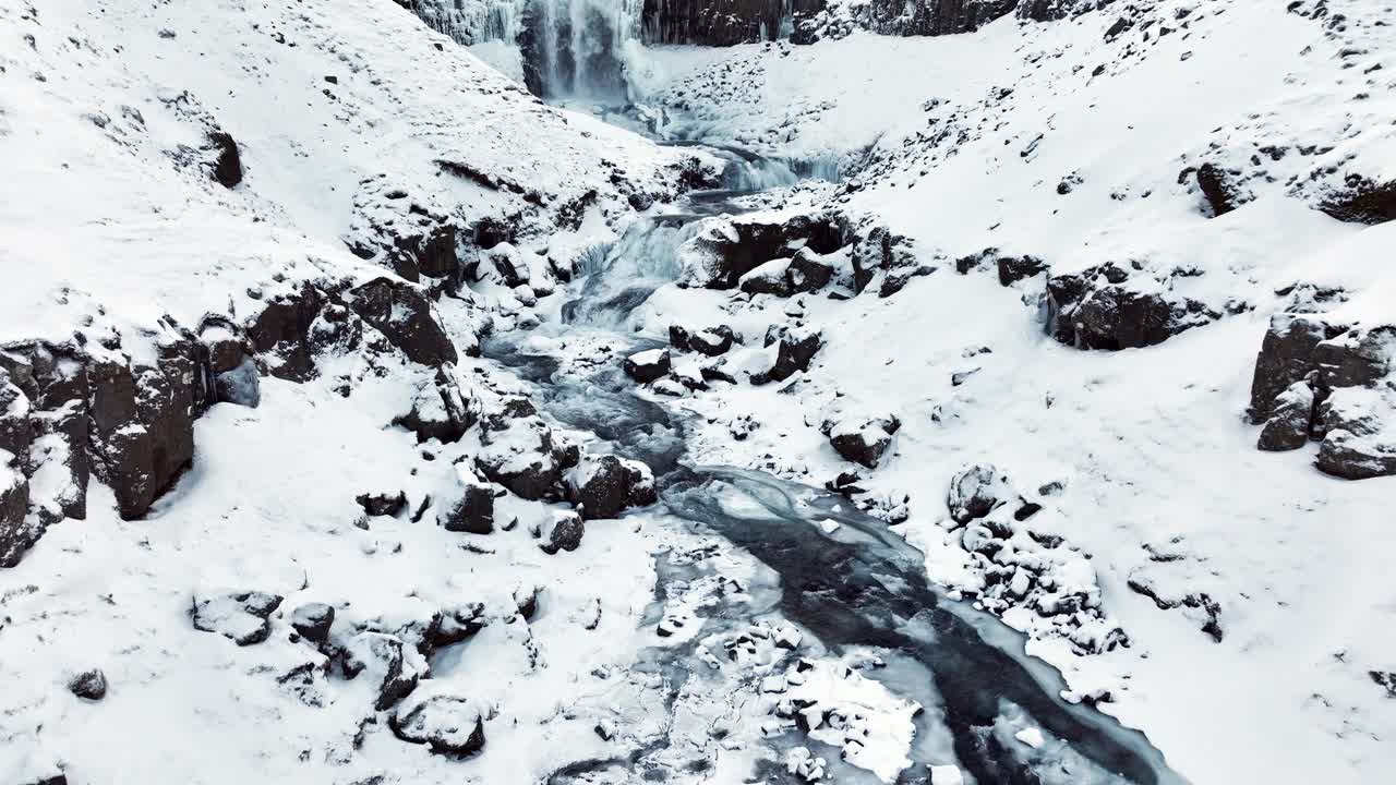 冰岛的瀑布，冬季的冰冻瀑布，一个神奇的冰雪冬季位置，纯净的绿松石水，冰川河有着巨大的水流