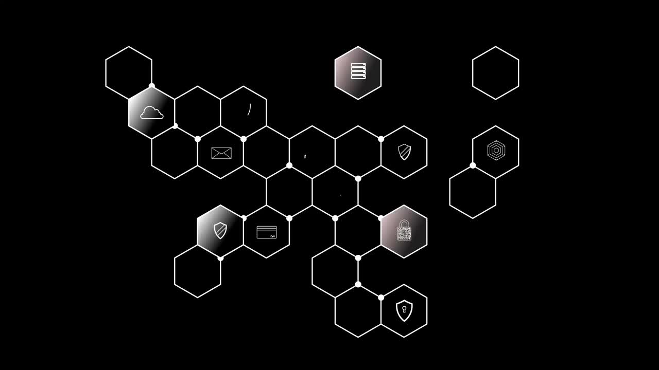 Cg片段。在黑色的背景上，有一个白色的六边形网络，其中有数字世界的铙钹，光线在细胞之间移动