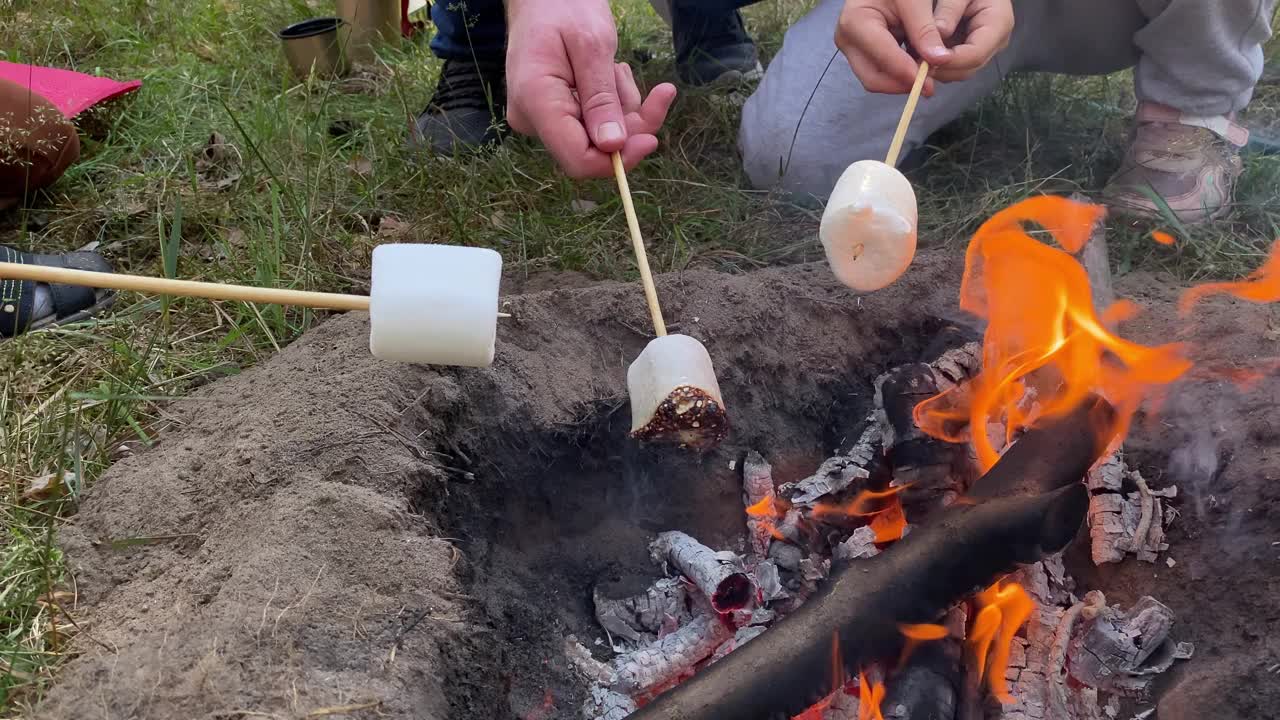家庭露营冒险在篝火上煮棉花糖