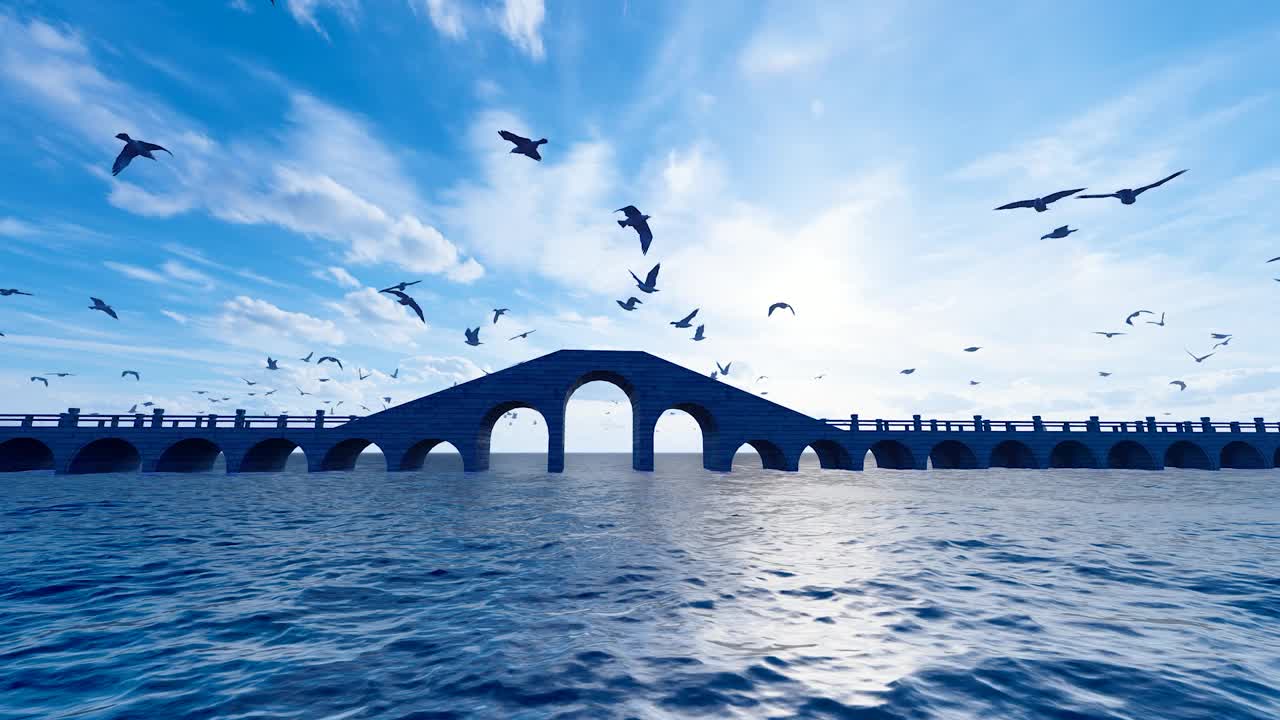 海鸥在桥上以慢动作在天空中飞翔