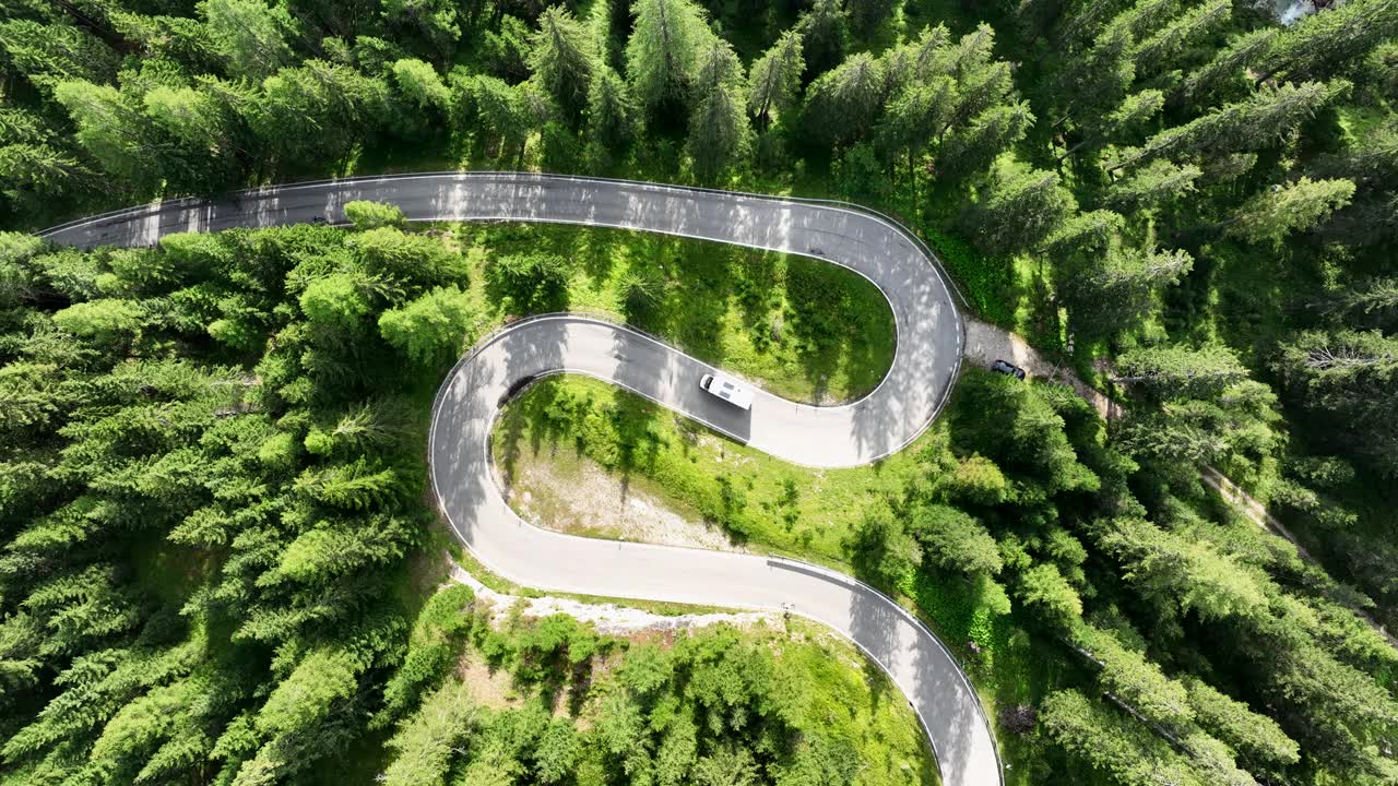 詳情圖-露營車行駛在森林山區(qū)的蛇路上，俯視圖