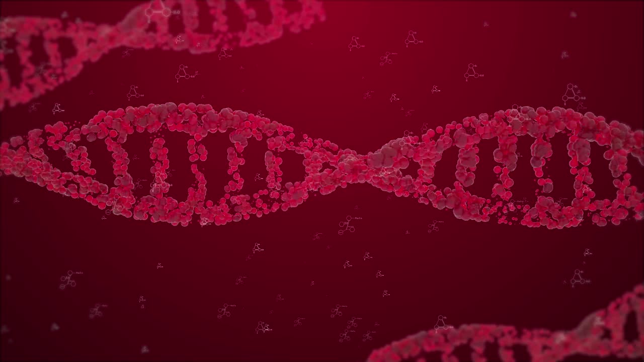 红色纹理背景下的DNA分子结构。生物化学的概念。三维渲染