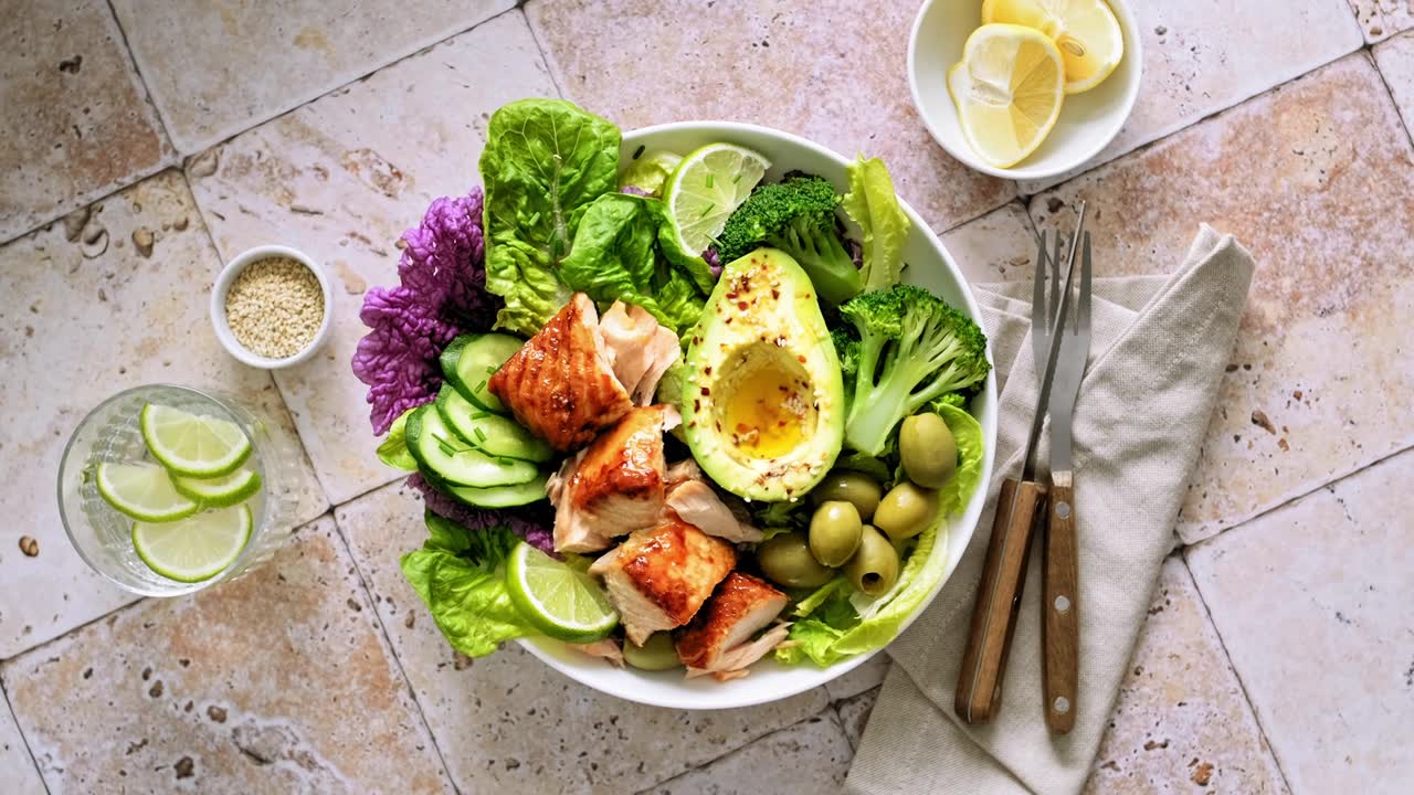 詳情圖-沙拉碗三文魚，鱷梨，花椰菜，橄欖和新鮮生菜。Poke,bowl,salad,,stock,footage視頻4K