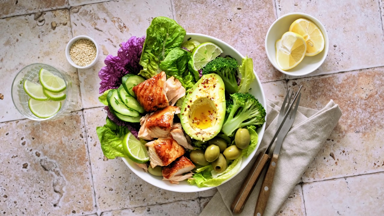 詳情圖-沙拉碗三文魚，鱷梨，花椰菜，橄欖和新鮮生菜。Poke,bowl,salad,,stock,footage視頻4K