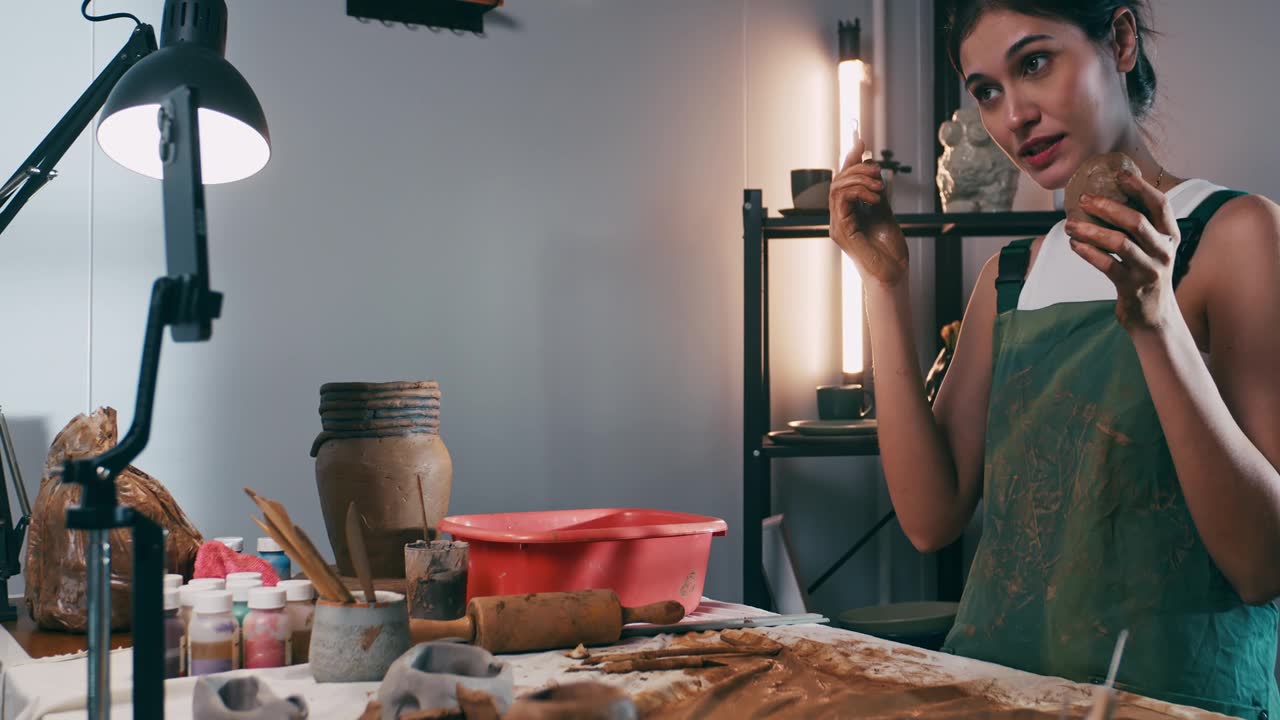 詳情圖-一名女陶藝家正在網(wǎng)上工作坊教授陶藝。一位亞洲婦女正在享受陶藝工作。