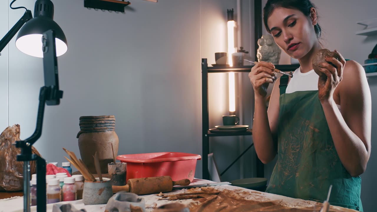 詳情圖-一名女陶藝家正在網(wǎng)上工作坊教授陶藝。一位亞洲婦女正在享受陶藝工作。