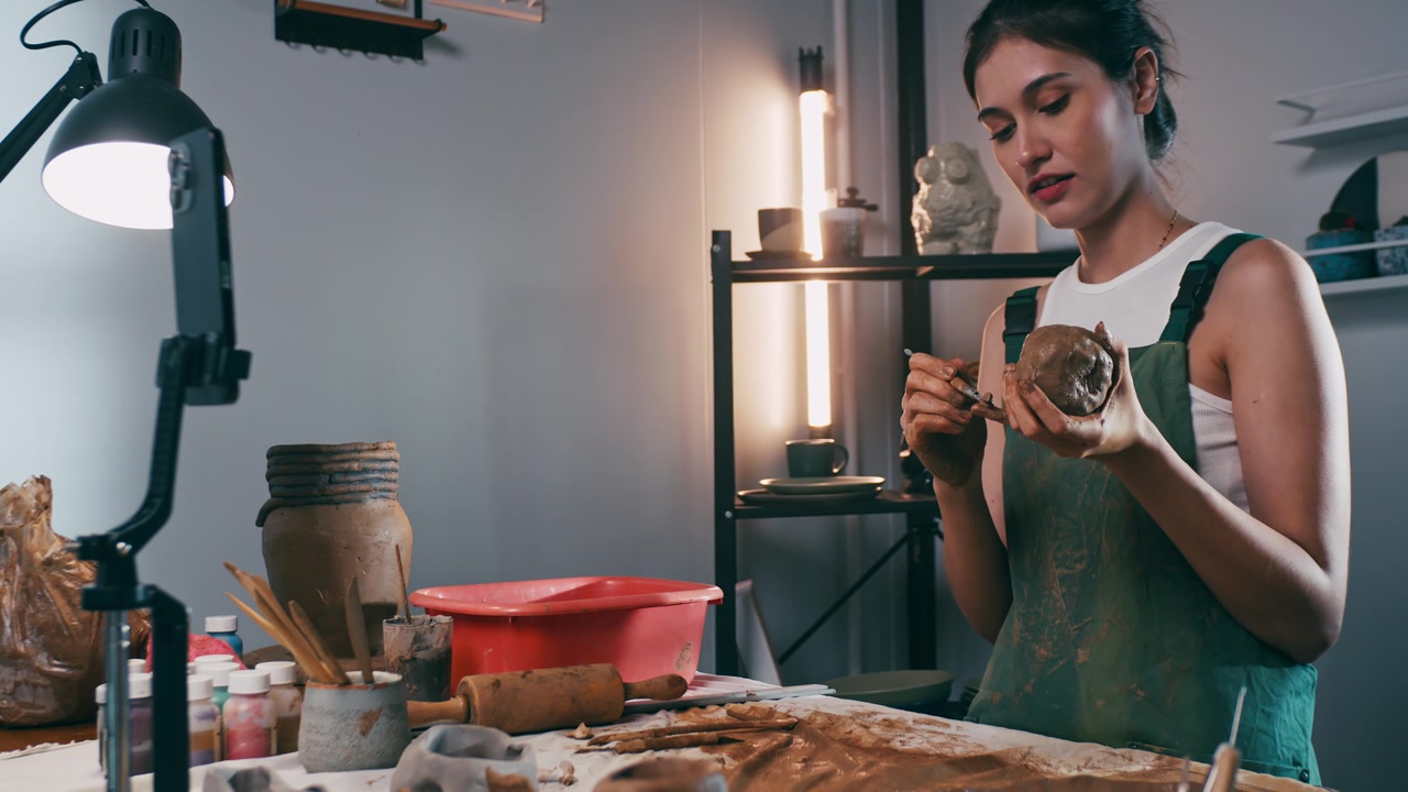 詳情圖-一名女陶藝家正在網(wǎng)上工作坊教授陶藝。一位亞洲婦女正在享受陶藝工作。