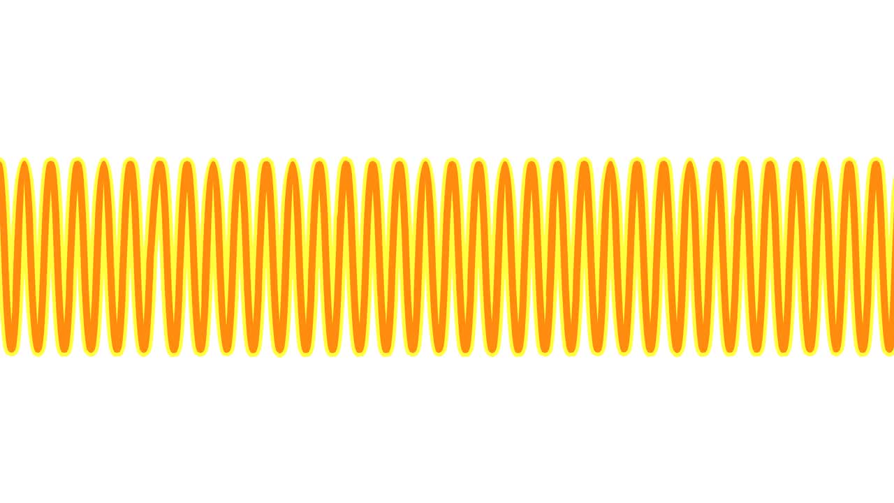 声波流动画。短波长，音频。黄色生长线。高，低振幅，音调，电压，心脏。流动的平底锅。医疗，音乐，地震，教育，交流录像
