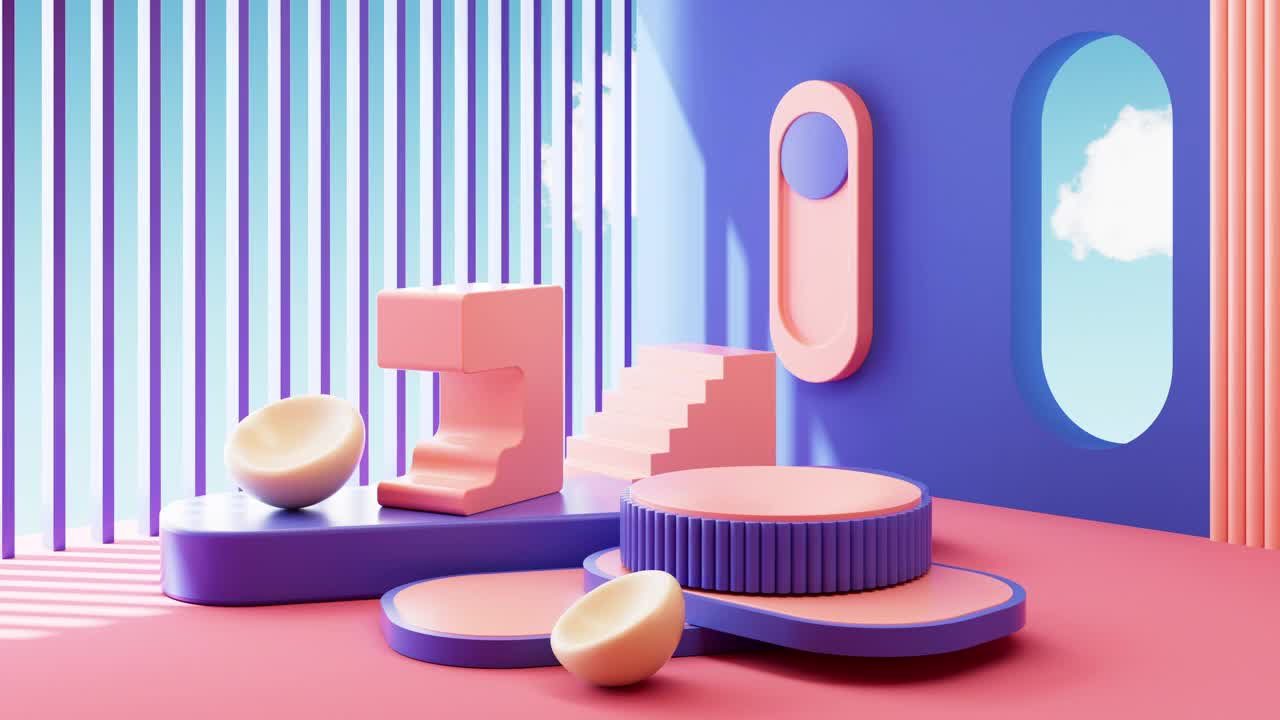 抽象几何建筑与空舞台，几何图形，室内光影，3d渲染。