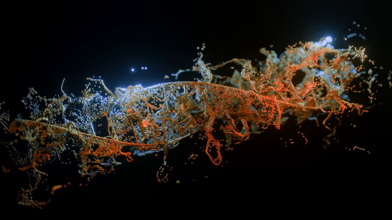 在黑色背景上抽象DNA。蓝色和橙色的DNA分子。染色体中的DNA分子。科学,生物学。科学动画的遗传信息概念设计。3d渲染4k