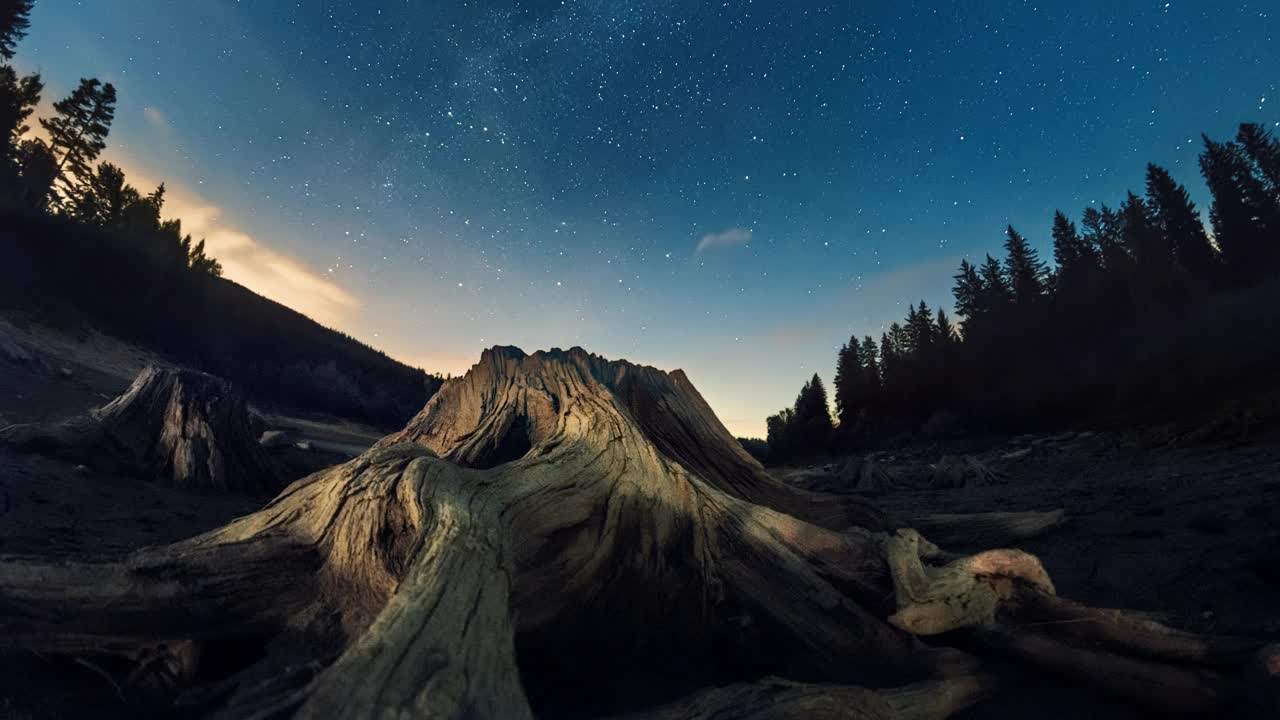 繁星点点的夜空在粗糙的树桩上的时间流逝