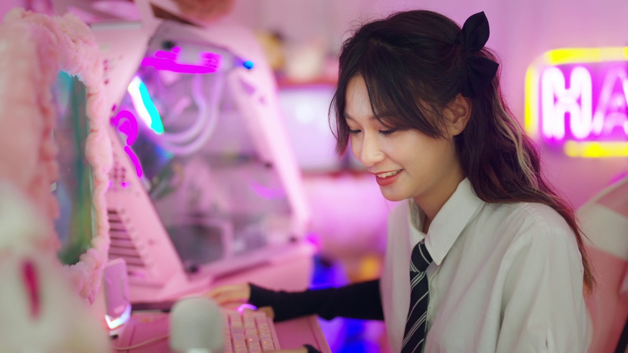 年轻的亚洲女人在卧室玩台式机游戏。