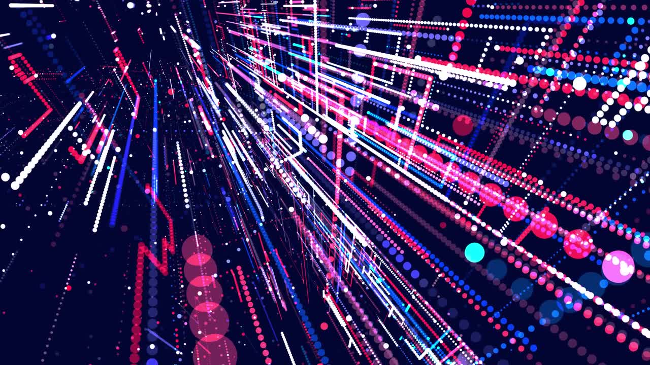详情图-全息蓝红结构，发光线的三维结构。摘要三维网格是一种高科技的信息环路。科幻未来背景。科技霓虹灯。信息字段