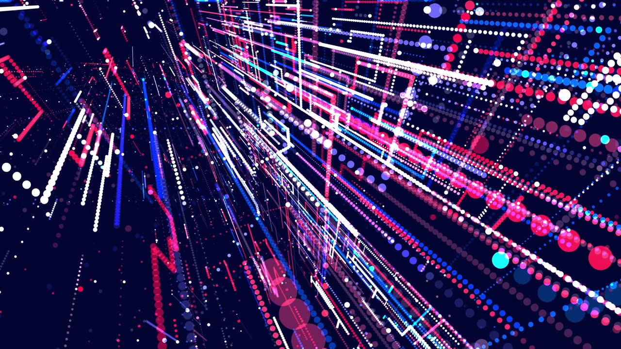详情图-全息蓝红结构，发光线的三维结构。摘要三维网格是一种高科技的信息环路。科幻未来背景。科技霓虹灯。信息字段