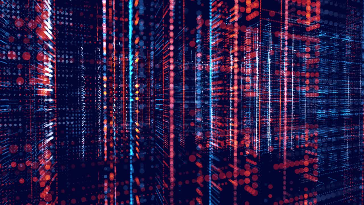 Vj循环抽象科幻用发光粒子形成线条。高科技信息技术。线条构成全息图信息块，ai构建光网格，信息概念蓝红线和节点。大数据。