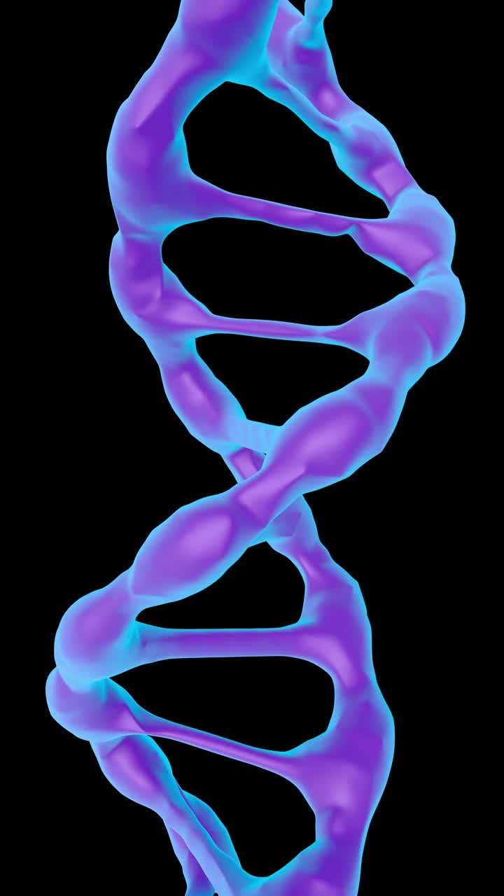 黑色背景上的DNA分子动画。生物技术、生物化学、遗传学和医学概念。DNA链。3 d动画。垂直视频。