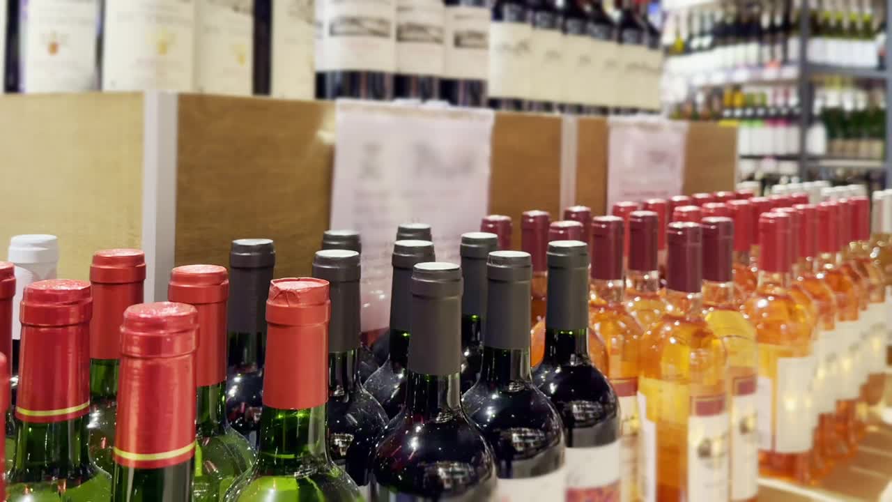 商店货架上分散的酒精(葡萄酒、香槟、白酒、威士忌)
