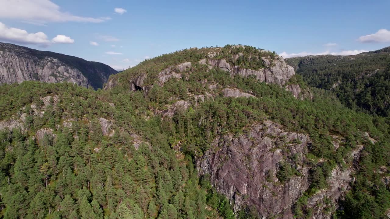 详情图-航拍，在挪威的一个树木覆盖的山顶上旋转，山顶上有陡峭的岩石悬崖。广阔的森林向右边延伸，从左边可以看到一个巨大的灰色悬崖。