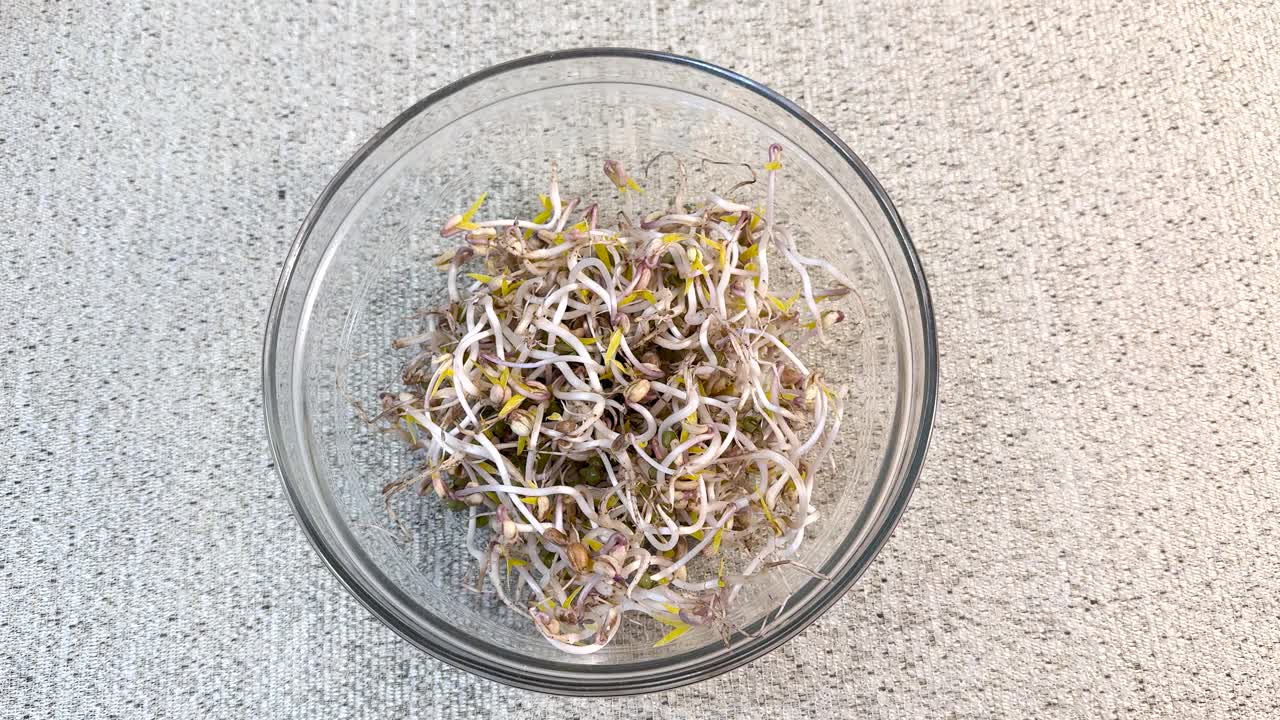 Micro-greenery。发芽的绿豆，绿绿豆放在桌子上的玻璃盘子里。厨师的手用钢钳搅拌沙拉。多汁的幼苗。素食者的健康食品。