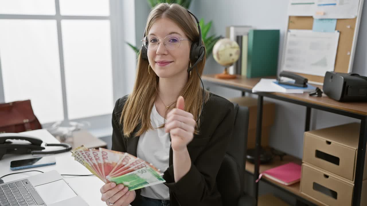办公室里一个金发女人拿着挪威货币，戴着耳机，描绘着一个商业环境。