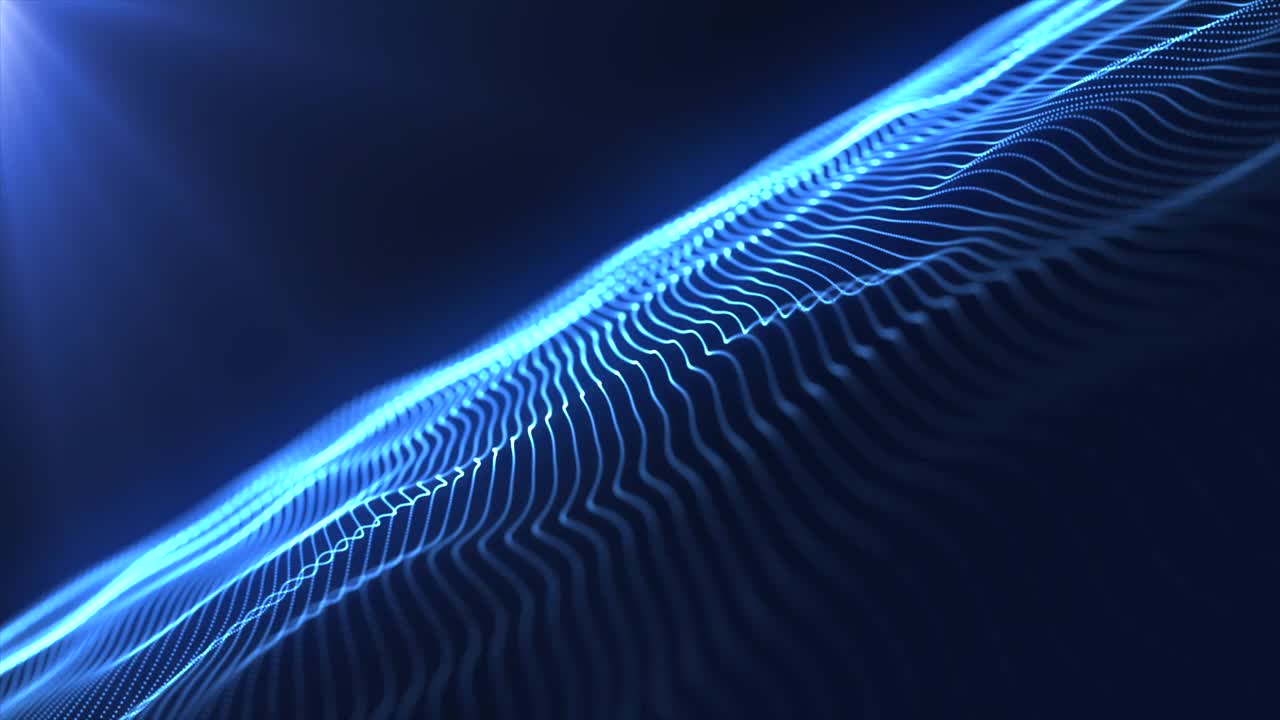抽象的高科技粒子波与柔和的光和散景无缝流动。蓝色网络数字波。技术、工程、科学和人工智能背景。数据流。4 k循环。